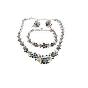 Vintage Coro Style Blue Crystal Jewelry Set, Earrings, Bracelet and Choker